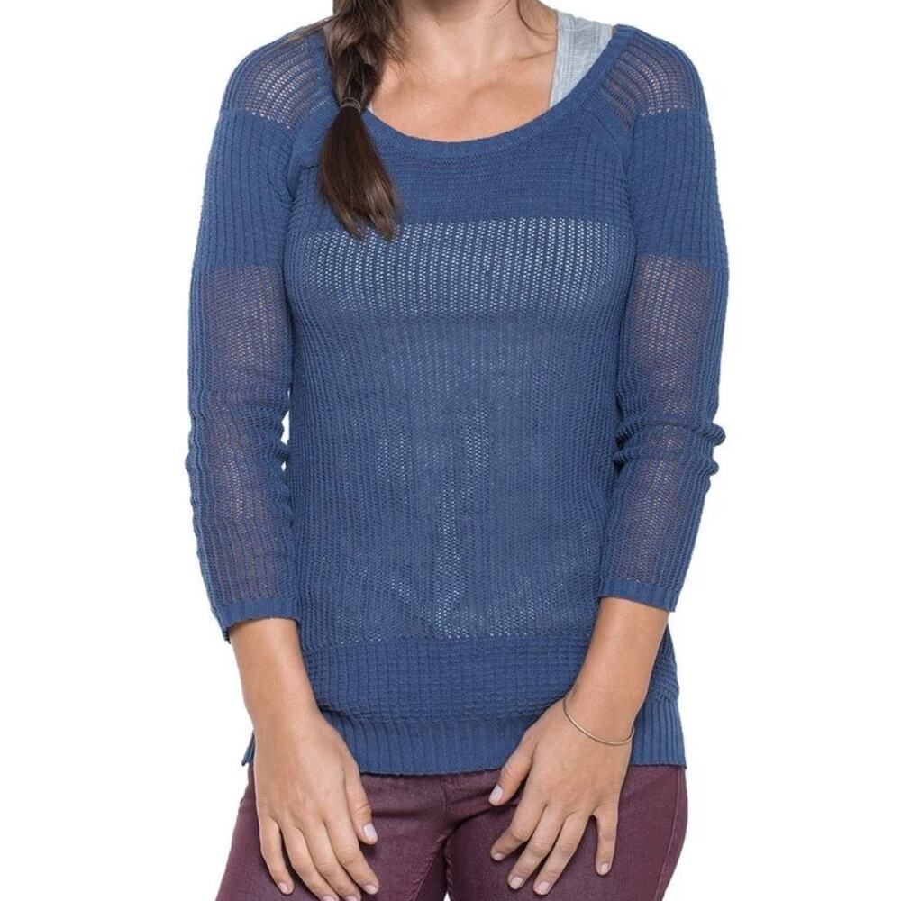Toad & Co Floreana Hemp Blend Open Knit Sweater Women's XL Blue 3/4 Sleeves